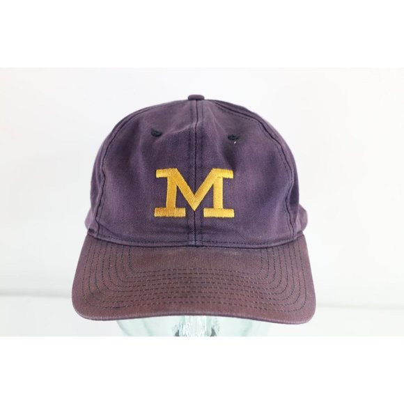 Vintage 90s Distressed Block M University of Michigan Snapback Hat Cap Blue - Picture 1 of 10